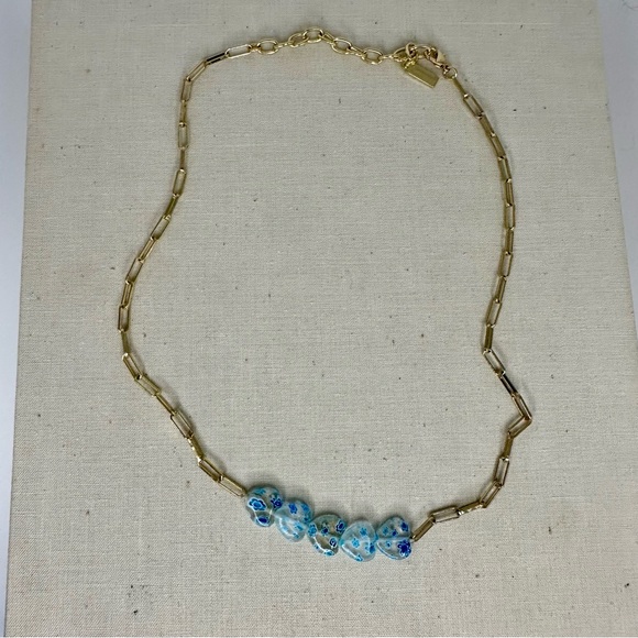 Sugarfix by Baublebar Gold Paperclip Chain Necklace w Blue Beaded Hearts - Picture 5 of 5